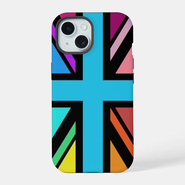 Union Jack/Flag Multicolored+Black Design iPhone 15 Case (Back)
