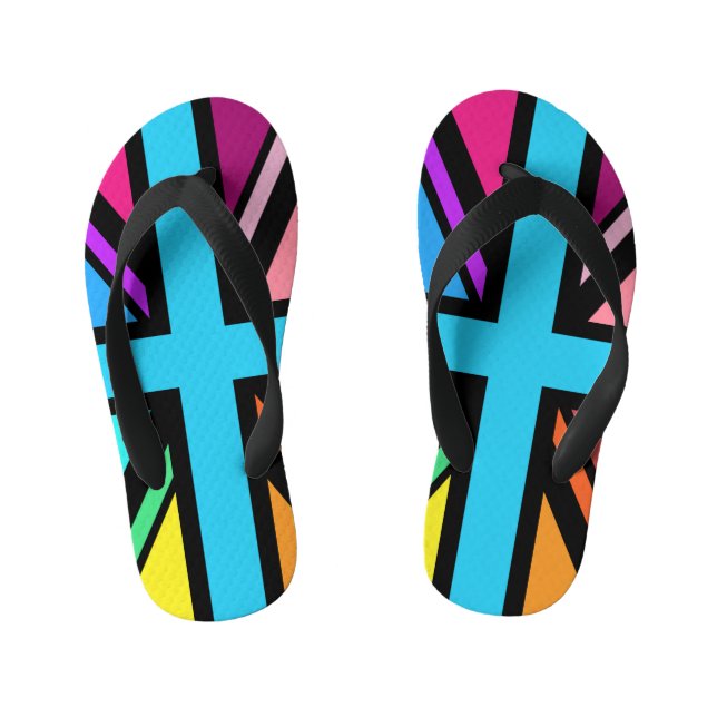 Union Jack/Flag Multicolored+Black Design Kid's Jandals (Footbed)