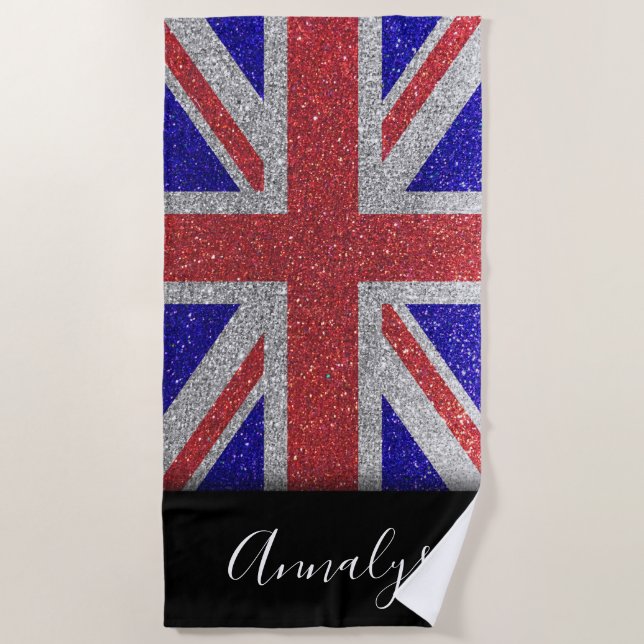 Union Jack Flag of UK London Glitter Summer Party Beach Towel (Front)