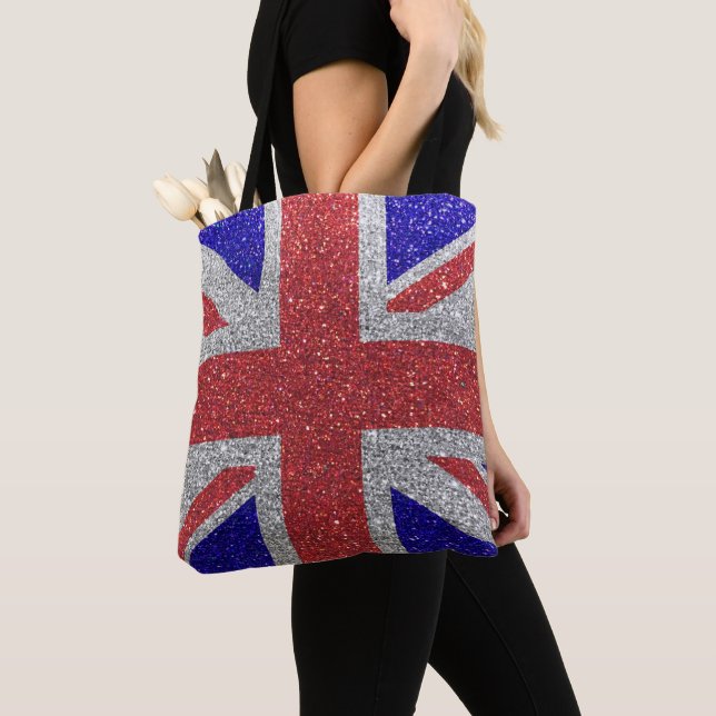 Union Jack Flag of United Kingdom Glitter Tote Bag (Close Up)