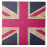 Union Jack Flag Tile/Trivet Tile<br><div class="desc">A graphic illustration of an old Union Jack Flag in bright pink,  blue and cream an alternative to the traditional red,  white and blue</div>