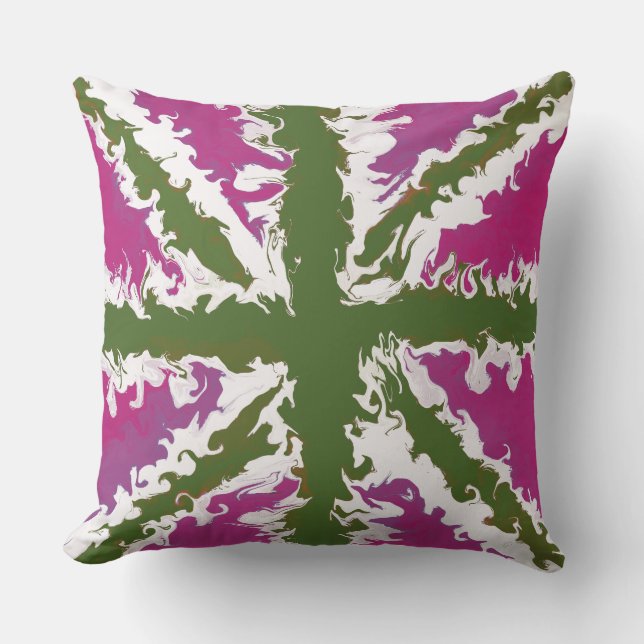 Union Jack Painted UK Art Pink and Green Decor Cushion (Front)