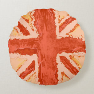 Union Jack Painted UK Art Tangerine by Heva Weva Round Cushion