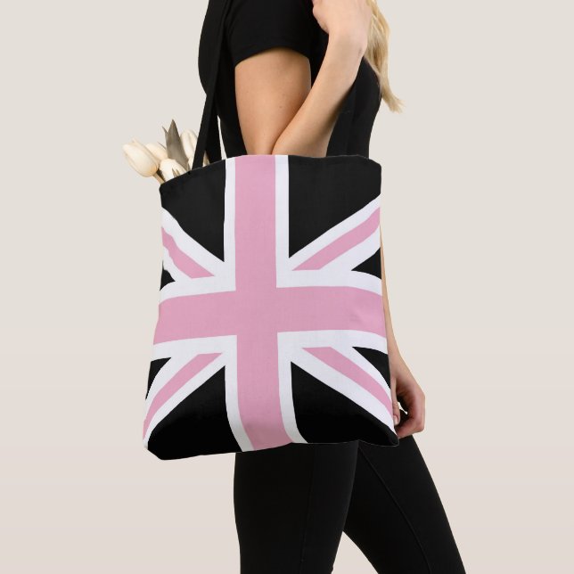 Union Jack UK Flag Pink and Black Tote Bag (Close Up)