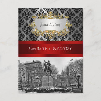Union Square NYC Black Damask 211 Save the Date Announcement Postcard