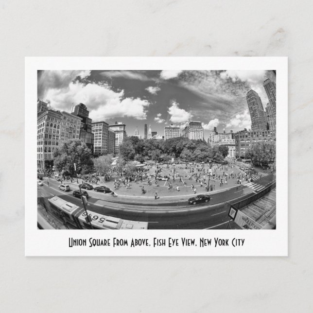 Union Square NYC From Above, B&W, Fish Eye View Postcard (Front)