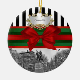 Union Square Park Winter NYC Blk Wht Strp Xmas #2R Ceramic Tree Decoration