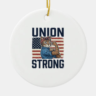 Union Strong Cat Worker Patriotic Vintage Shirt De Ceramic Tree Decoration