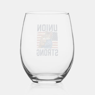 Union Strong Cat Worker Patriotic Vintage Shirt De Stemless Wine Glass