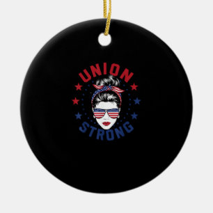 Union Strong Labour Day Messy Bun USA Flag Ceramic Tree Decoration