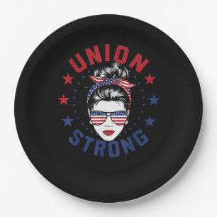 Union Strong Labour Day Messy Bun USA Flag Paper Plate
