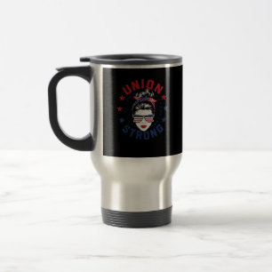 Union Strong Labour Day Messy Bun USA Flag Travel Mug