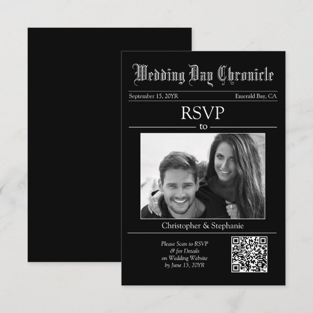 Unique 1 Black White Photo QR Code Black Newspaper RSVP Card (Front/Back)