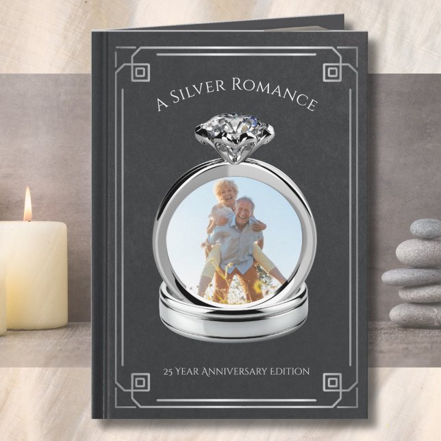 Unique 25th Husband Silver Anniversary Storybook Card (A Silver Romance 25th husband anniversary storybook card with custom photo ring template.)