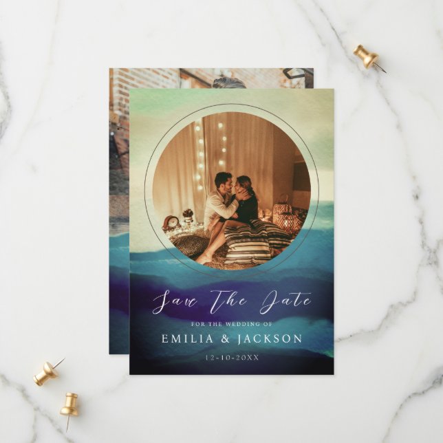 Unique 2 Photos Navy Blue Abstract Overlay Save The Date (Front/Back In Situ)