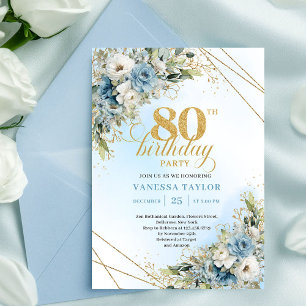 Unique 80th Birthday Invitation Boho Blue White
