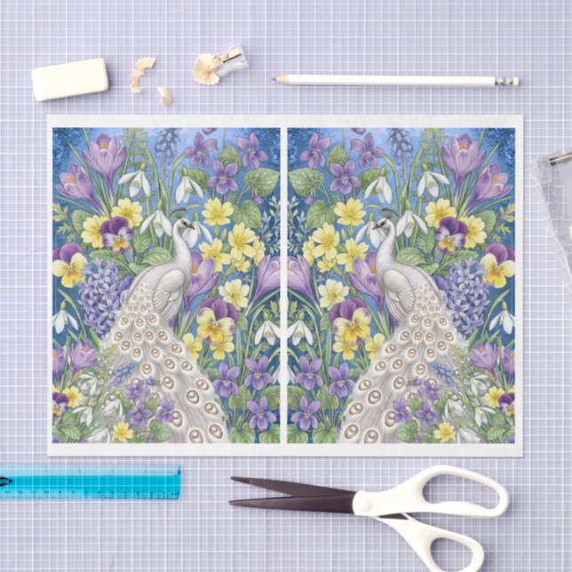 Unique Abstract Floral White Peacock Decoupage Tissue Paper (Craft)