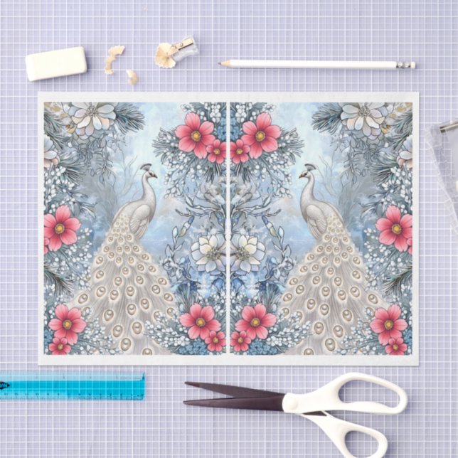 Unique Abstract Floral White Peacock Decoupage Tissue Paper (Craft)