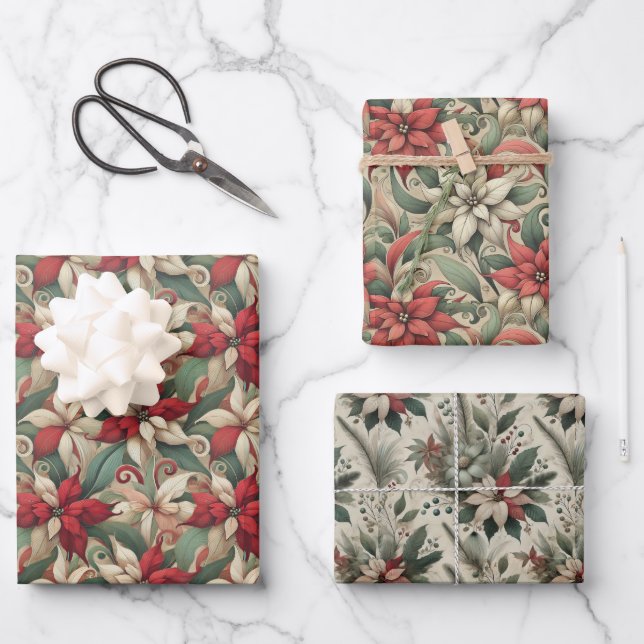 Unique Abstract Holiday Poinsettia Wraps Decoupage Wrapping Paper Sheet (Front)