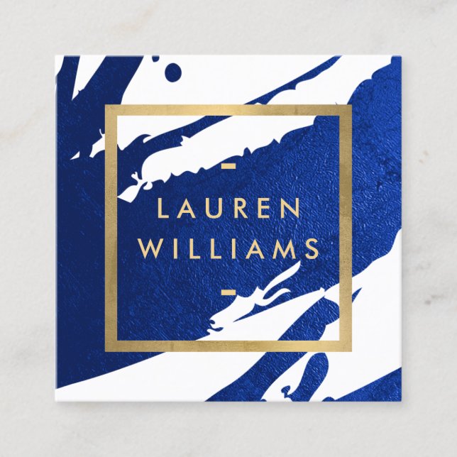Unique Abstract Indigo Blue Brushstrokes Square Business Card (Front)