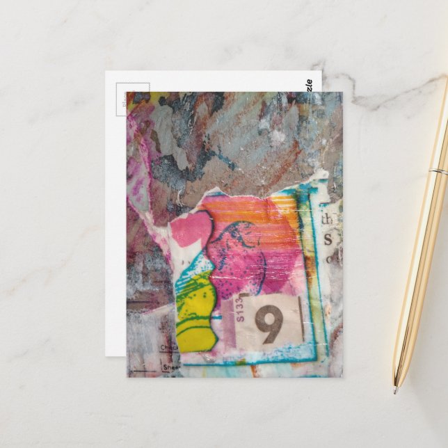 unique abstract mixed media collage Bird 9 Postcard (Front/Back In Situ)