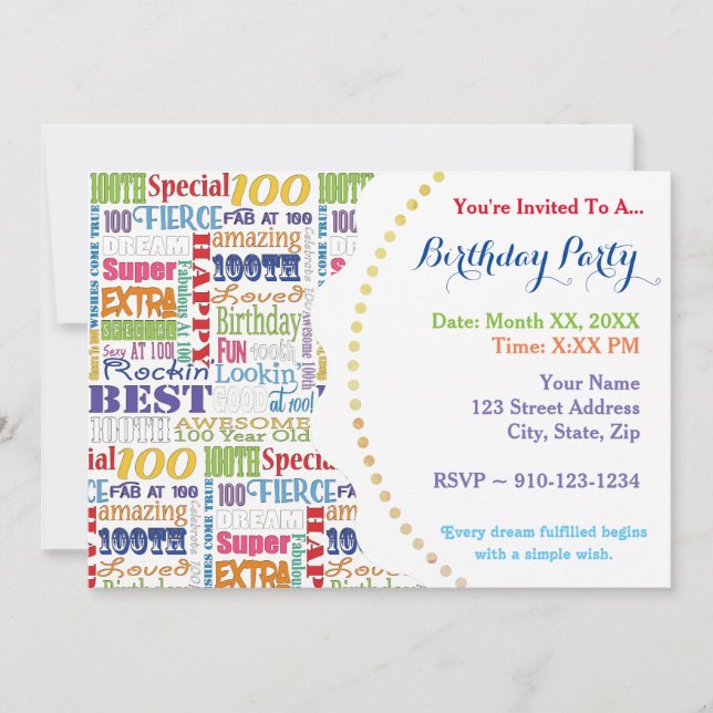 Unique And Special 100th Birthday Party Gifts Invitation (Front)