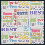 Unique And Special 50th Birthday Party Gifts Fabric<br><div class="desc">Typography themed 50th birthday party decor and gifts. Text includes fierce and fab at 50. fabulous at 50, amazing 50th birthday party, extra special 50th birthday, happy 50th birthday, rocking 50th birthday, looking good at 50, and amazing 50th birthday. Bright colourful text in yellow, pink, purple, blue, green and red....</div>