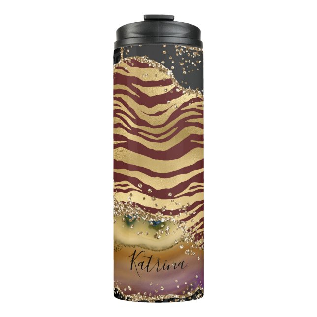 Unique Animal Print Agate Gold Glitter  Thermal Tumbler (Front)