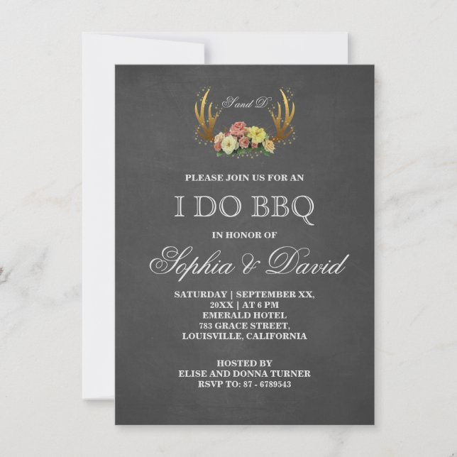 Unique Antlers Floral Chalk I DO BBQ Invitation (Front)