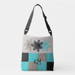 Unique Aqua Black Tan Tote Bag with Flowers
