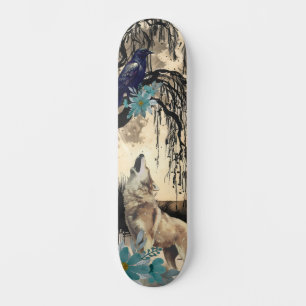 Unique Art Design Majestic Raven Moon & Wolf Skateboard