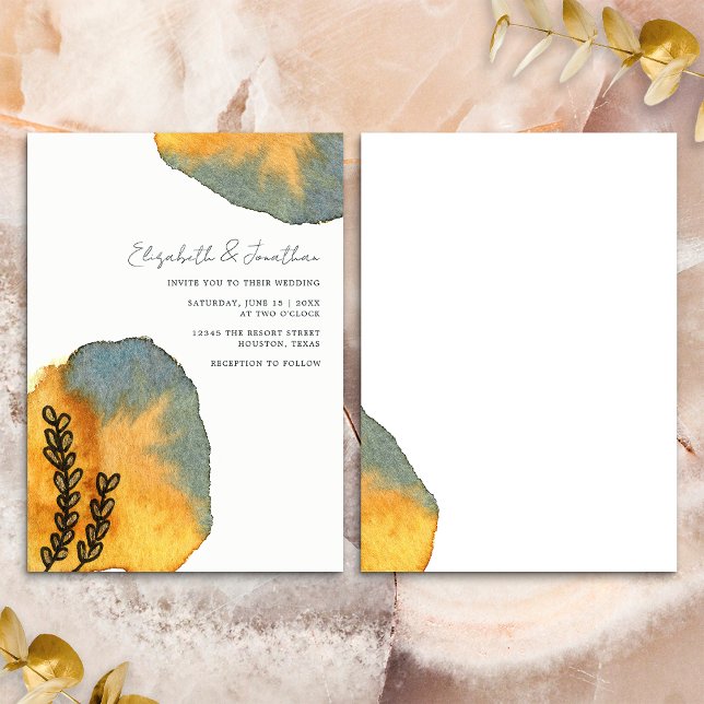 Unique Artistic Watercolor Orange Blue Wedding Invitation (Front/Back)