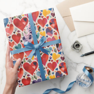 Unique Artsy Color Love Hearts Watercolor Pattern Wrapping Paper