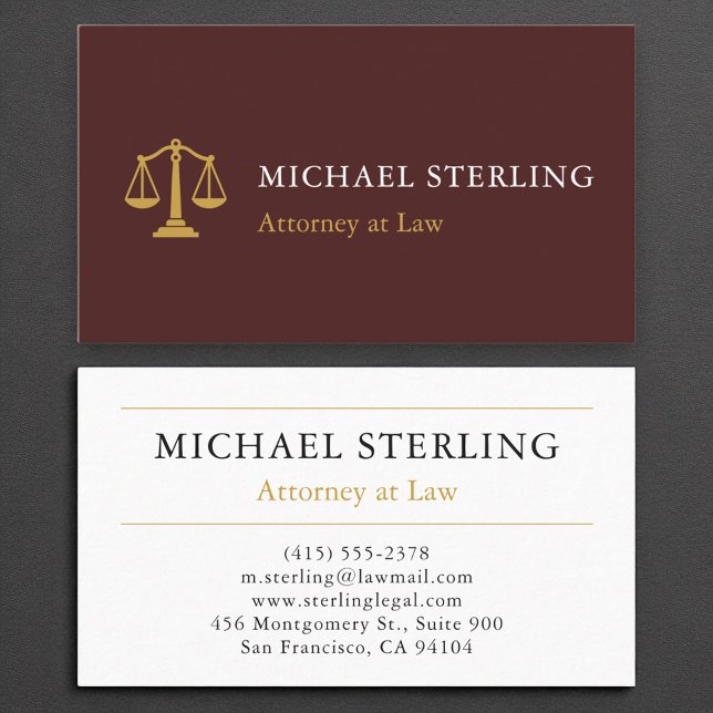 Unique Attorney at Law Burgundy Gold Professional Business Card (Creator Uploaded)