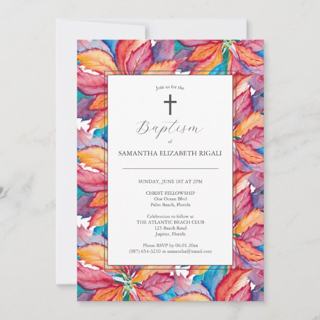 Unique Baptism Invitations Colourful Poinsettia (Front)