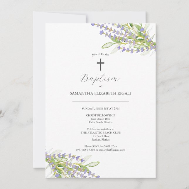 Unique Baptism Invitations Lavender Flowers (Front)
