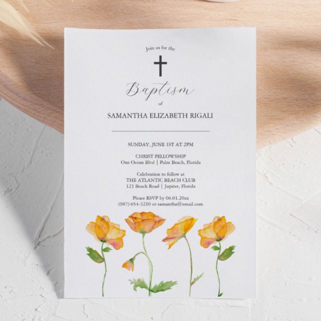 Unique Baptism Invitations Orange Flowers (Baptism invitations watercolor orange flowers art by Victoria Grigaliunas Do Tell A Belle)