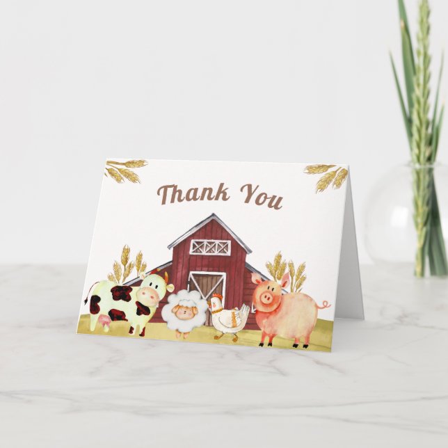 Unique Barnyard Farm Animals Baby Shower Thank You Card (Front)