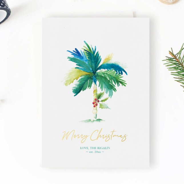 Unique Beach Christmas Cards Watercolor Palm Tree (Unique Christmas cards feature watercolor palm tree art by Victoria Grigaliunas of Do Tell A Belle)