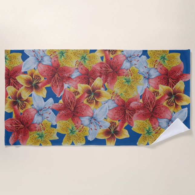 unique big and bold colourful flowers floral beach towel (Front)