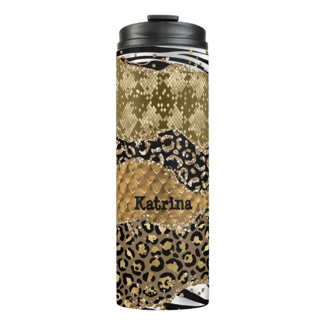 Unique Black and Gold Animal Print Agate  Thermal Tumbler (Front)
