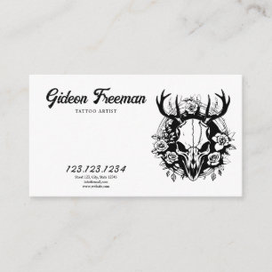 Unique Black and White Deer Skull Tattoo Artist Business Card
