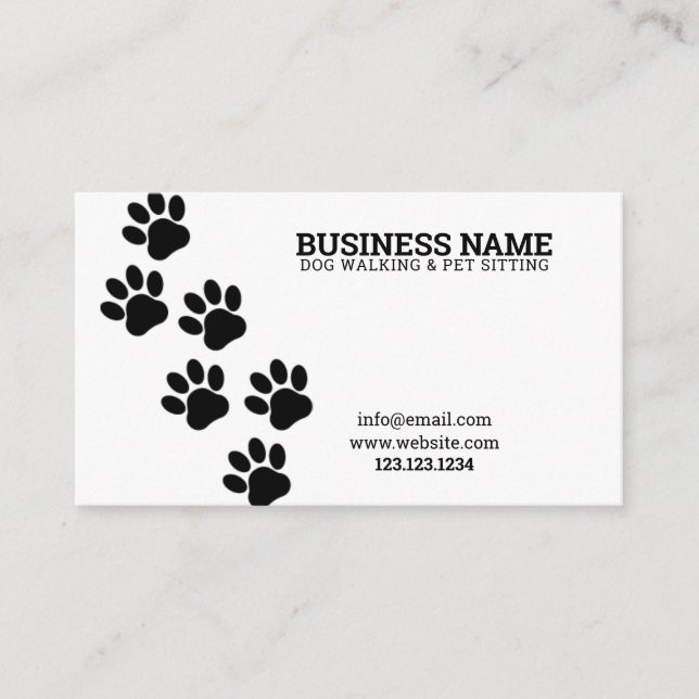 Unique Black and White Paw Print Steps Dog Walker Business Card (Front)