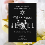 Unique Black Bat Mitzvah Floral Typography Invitation<br><div class="desc">Unique black bat mitzvah invitation with beautiful white typography has wild flowers that you can move and resize with your lettering. Botanical artwork can be colour changed along with your lettering. Easily change the background colour on this simple and unique bat mitzvah invitation. This template is easily customised for any...</div>