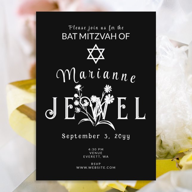 Unique Black Bat Mitzvah Floral Typography Invitation (stylish black and white bat mitzvah invitations with unique floral lettering)
