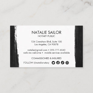 Unique Black Brushstroke Minimal Modern Notary  Business Card