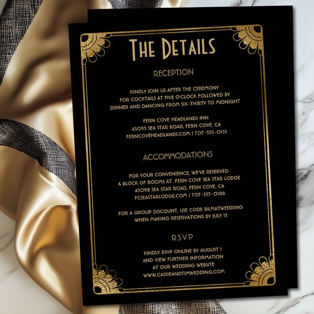 Unique Black Gold Art Deco Floral Wedding Details Enclosure Card (Classy black and gold retro floral wedding details enclosure card)