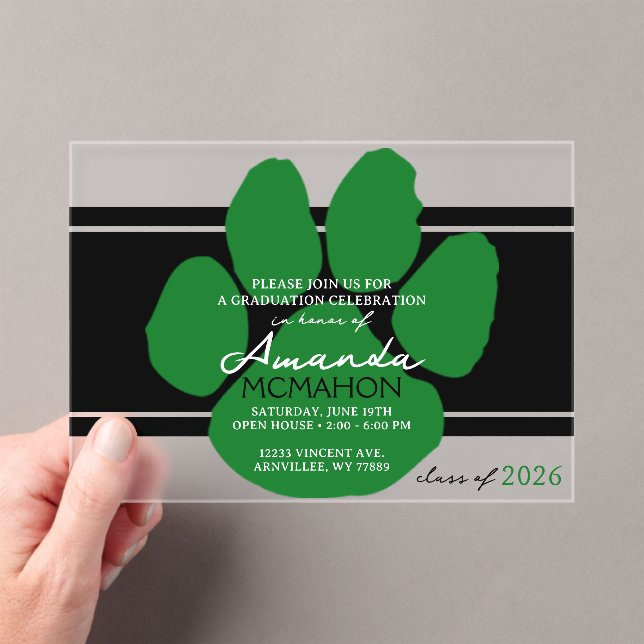 Unique Black & Green Graduation Pawprint Elegant Acrylic Invitations (Insitu (Handheld))