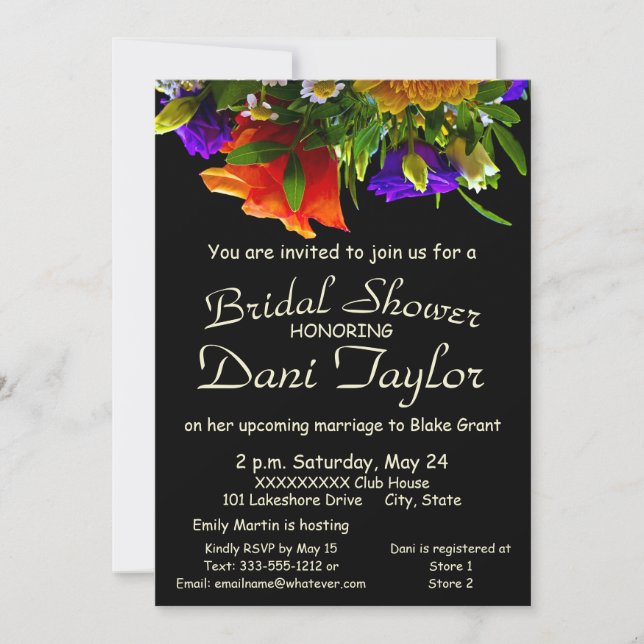 Unique Black Pale Text Bright Floral Bridal Shower Invitation (Front)