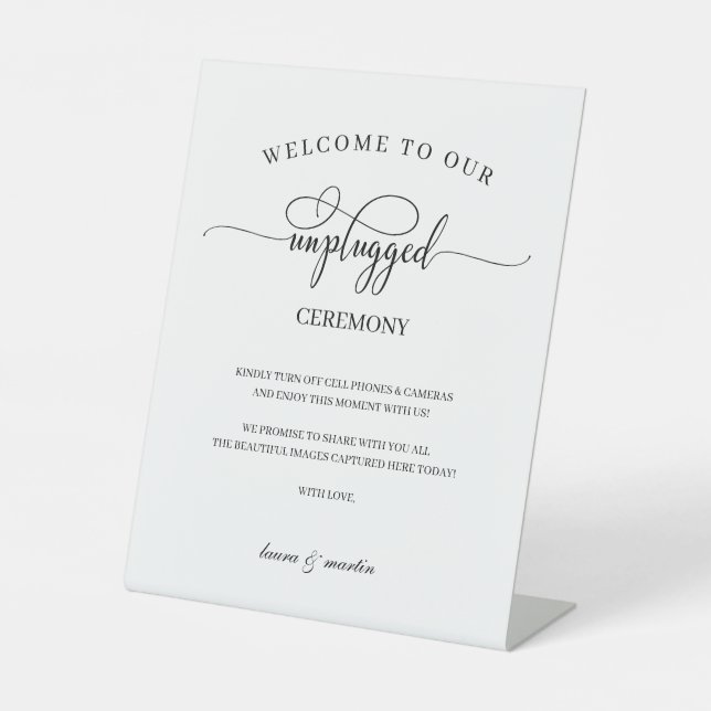 Unique Black Script Unplugged Ceremony Pedestal Sign (Front)